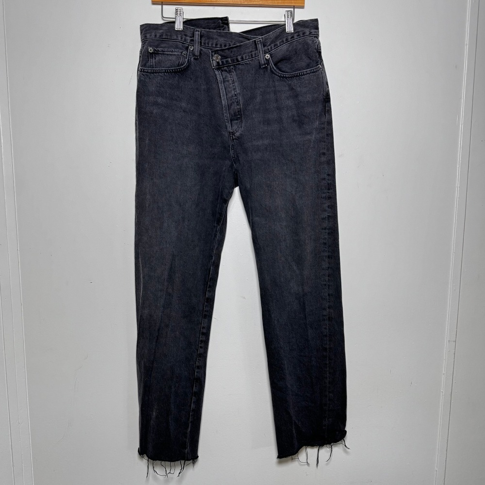 AGOLDE Criss Cross Upsized Jean Women 31 Black Asymmetric High Rise Straight Raw